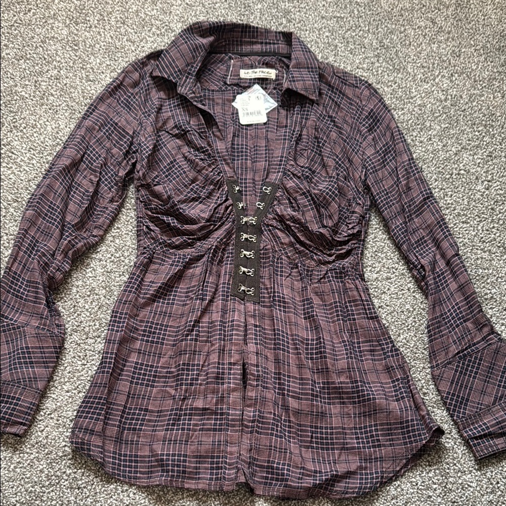 We The Free Brown and Red Fitted Blouse with Notched Collar
